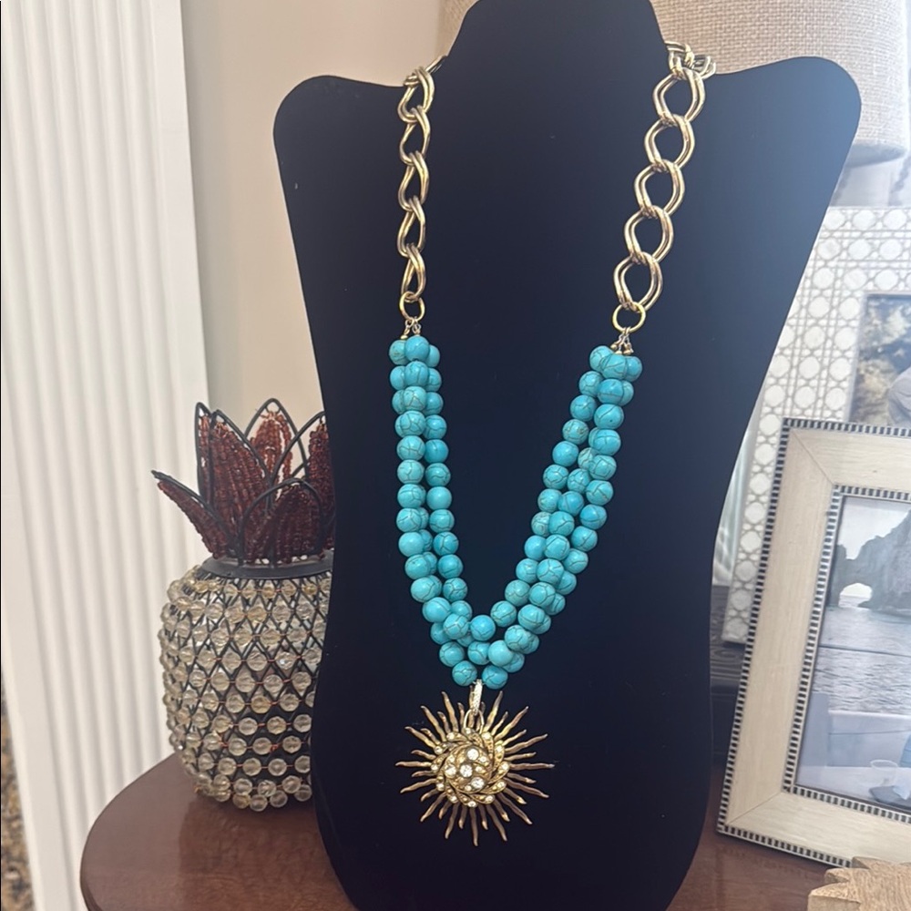 Gold and Turquoise Beaded Necklace with Sunburst Pendant